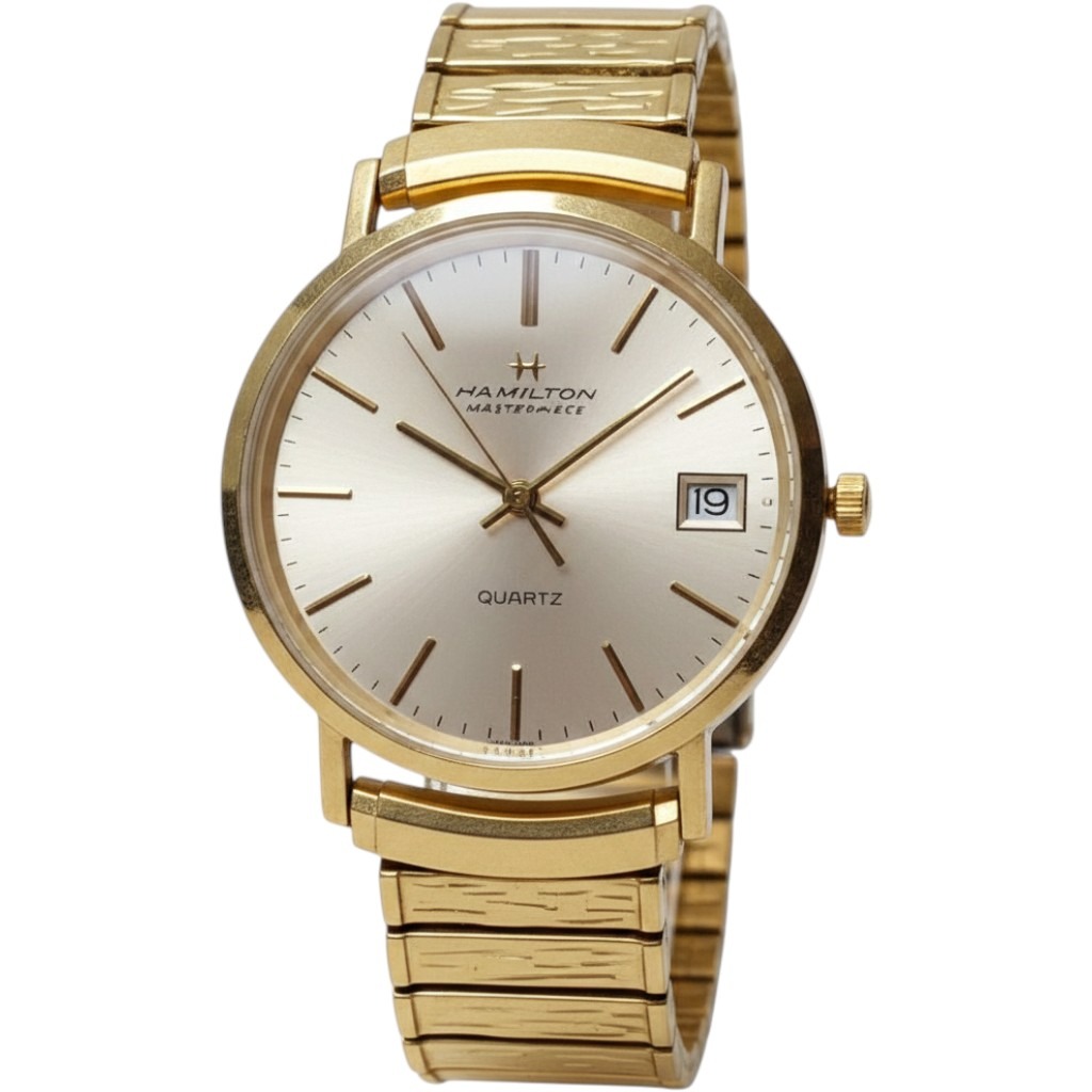 Hamilton Masterpiece Watch Mens 10k Gold Filled Champagne Dial Date Swiss Quartz